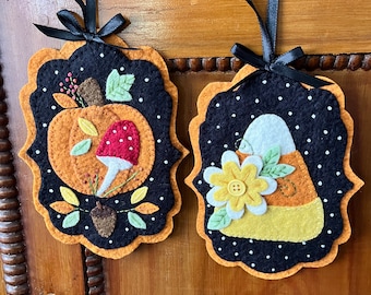 Hand Stitched Wool Felt Candy Corn and Pumpkin Ornaments, Fall and Halloween Decor