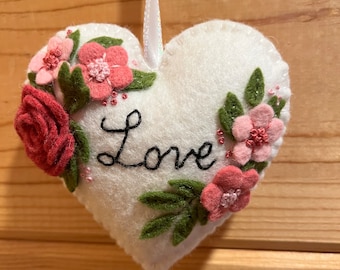 Embroidered Wool Felt Heart Ornament: Valentine's Day Decor LOVE Heart