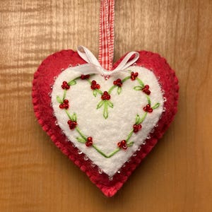 Wool Felt Heart Ornament, Mom Gift, Hand Sewn Valentine Heart with embroidered vines and beaded berries, Valentine gift