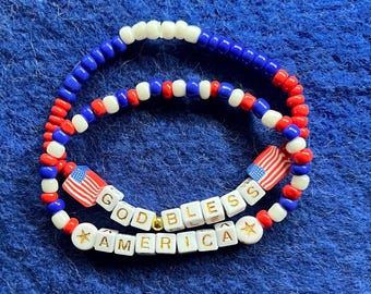 4th of July beaded adult  bracelets, American made Patriotic bracelets, “God Bless America” and “I Love America” set of 2 bracelets.