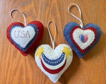 Handsewn Wool Felt Patriotic Heart Ornaments: USA Decor, 4th of July Tree Ornaments, READY to SHIP