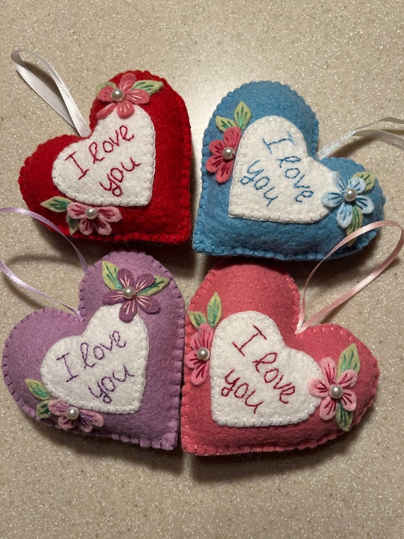 Handmade Wool Felt Heart Ornament: Embroidered 'I Love You' Gift, Mothers Day Gift