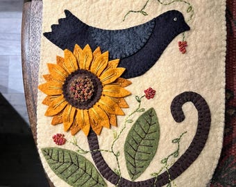 Autumn Wool Felt Wall Hanging,  Crow on Sunflower Fall Decor,  Handsewn wool felt wall art