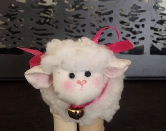 Handsewn Woolie Sheep Ornament: Easter Basket Lamb with Bell, Christmas Tree ornament, Farmhouse Decor