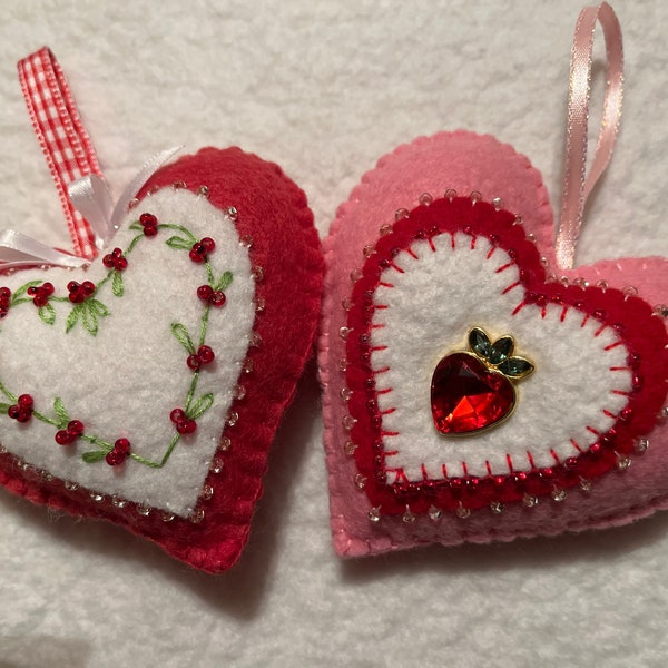 Wool Felt Heart Ornament, Mother's Day Heart Ornament, Hand embroidered heart, Hanging wool Valentine Heart, Mothers Day gift, READY TO SHIP