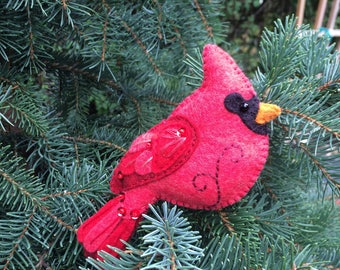 Wool Felt Cardinal, handmade wool bird, wool bird ornament, cardinal ornament, Christmas bird Ornament, Felt embroidered bird, Xmas ornament