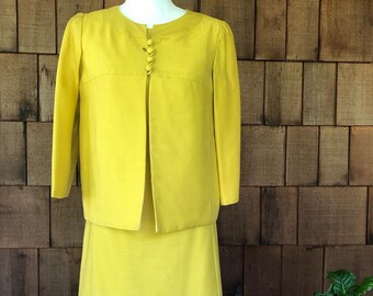 1960s Vintage Silk Dress and Jacket Set: Empire Waist, Covered Buttons, Medium