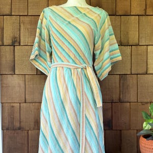 1970 Albert Nipon cotton green and tan striped dress, small-medium