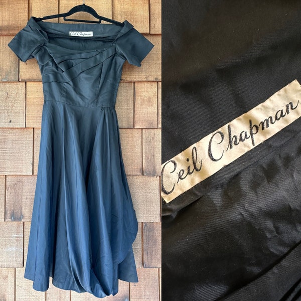 Vintage 1950s Ceil Chapman black silk taffeta cocktail dress, small