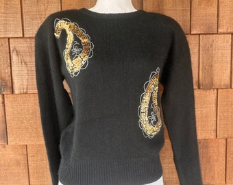 Vintage 1980s black silk and angora sweater with sequin paisley.  Medium.