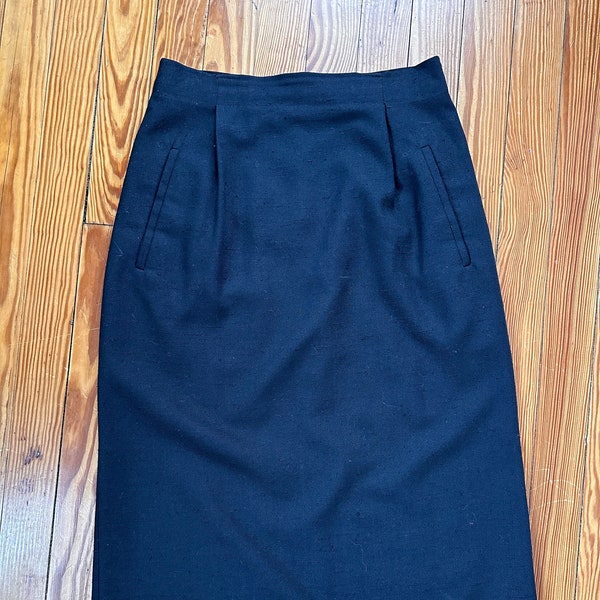 1970s black high waist linen pencil skirt