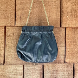Vintage 1950s navy blue leather bag with a gold chain, cocktail bag, blue evening bag