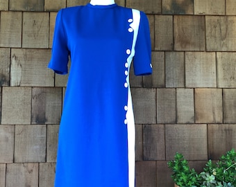 1980s Vintage Dress, 80s Sheath Dress, Blue and White Dress, Pleated Sleeve, New Wave Dress