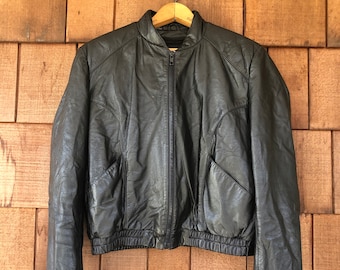1980s Vintage Black Moto Bomber Jacket by Wilson Leather. Medium.