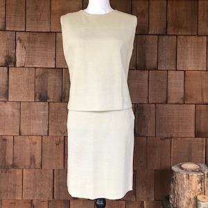 Vintage 1950s silver wool skirt suit by Kimberly Knitwear, beige and silver skirt set