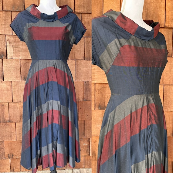 Vintage 1950s silk taffeta blue, red and gray wid… - image 1