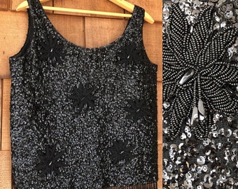 Vintage Black Sequin and Bead Top | 50s style