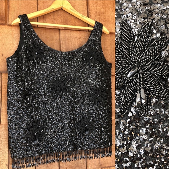Vintage Black Sequin and Bead Top | 50s style