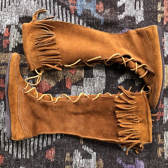 Vintage Minnetonka knee high suede fringed moccasi