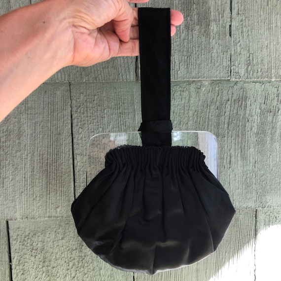 1940s clear lucite and black satin wrist handbag