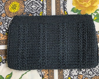 Vintage 1970s black crochet envelope clutch.