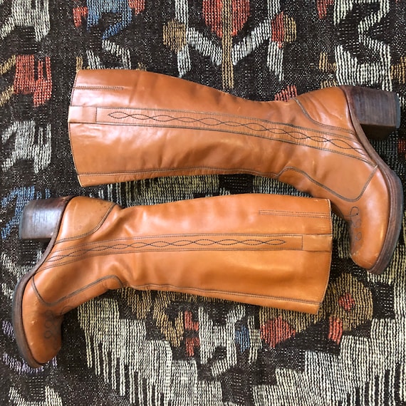70s Tall Leather Boots | Chunky Stacked Heel | Det