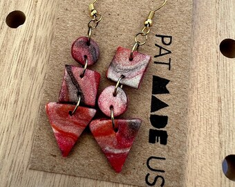 Handmade Geometric Polymer Clay Earrings - Stacked Marbled Shapes