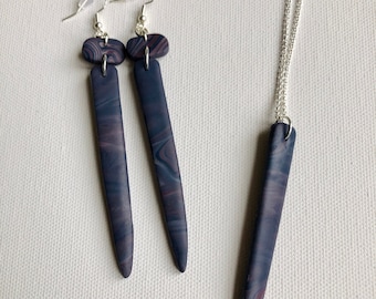 Purple Marble Spear Jewelry Set, Handmade Polymer Clay Earrings and/or Matching Necklace