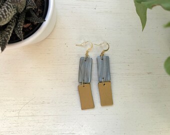 Silber und Gold Rechteck Ohrringe, handgemachter geometrischer Polymer Clay Schmuck