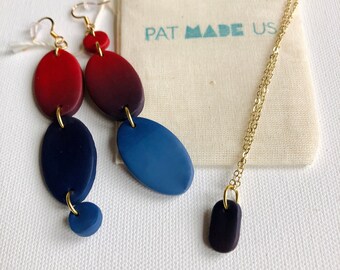 Handmade Ombré Polymer Clay Jewelry Set, Red Purple Blue Oval Earrings Necklace