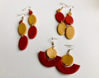 Handmade Geometric Polymer Clay Dangle Earrings, Orange and Yellow