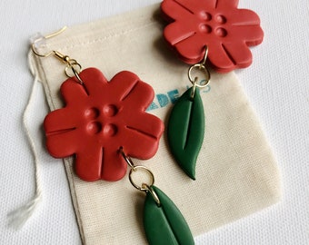 Handmade Orange Flower Polymer Clay Dangle Earrings, 18K Gold-Plated