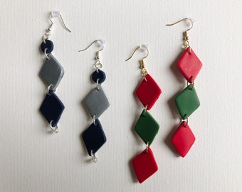 Holiday Polymer Clay Earrings, Stacked Diamond Design, Christmas or Hanukkah Colors