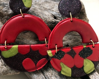 Large Half-Circle Flower Earrings, Polymer Clay Floral Dangles with Butterfly Backs