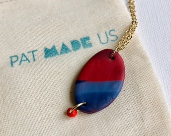 Handmade Marbled Polymer Clay Necklace, Red and Blue, 16" Gold Chain