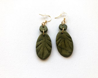 Lightweight Dangling Green Leaf Earrings, Handmade Polymer Clay Jewelry Inspired by Nature
