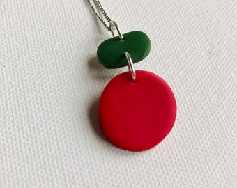 Geometric Apple Polymer Clay Necklace, Abstract Fruit Handmade Jewelry, Lightweight Pendant on Silver Chain