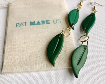 Lightweight Dangling Leaves, Green Polymer Clay Earrings, Handmade Nature-Inspired Jewelry with Gold-Plated Hooks