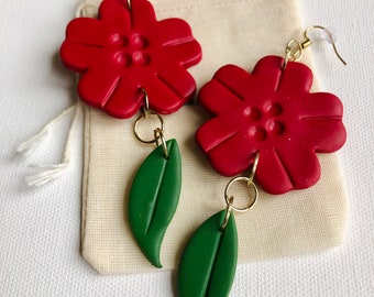 Handmade Red Flower Polymer Clay Dangle Earrings, Gold Plated