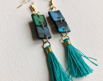 Black, Green, and Blue Polymer Clay Earrings with Tassel Charm, Artsy Multicolored Statement Jewelry