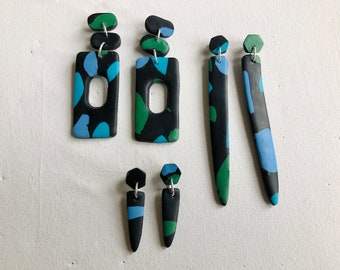 Black, Green, and Blue Geometric Polymer Clay Earrings, Artsy Multicolored Statement Jewelry, Open Rectangles, Large, or Mini Spear Dangles