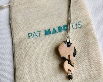 Small Hexagon Leopard Print Necklace with Bead Charm, Animal-Inspired Handmade Polymer Clay Jewelry