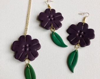 Handmade Purple Flower Polymer Clay Jewelry Set, Floral Dangles