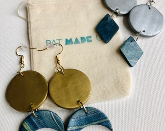 Handmade Polymer Clay Earrings, Gold Sun and Moon Dangles