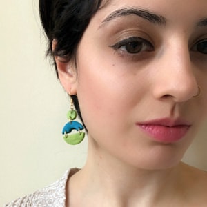 Teal and Green Half-Circle Earrings, Handmade Polymer Clay Dangles