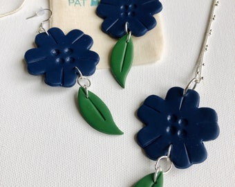 Handmade Blue Flower Polymer Clay Jewelry Set, Stainless Steel Earrings