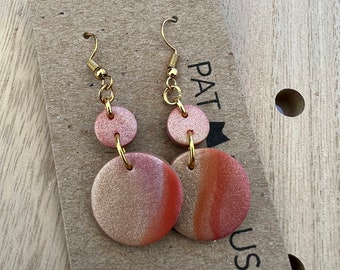 Marbled Polymer Clay Dangle Earrings, Pink & Orange Swirls