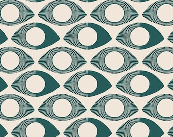May include: A repeating pattern of stylized eyes in teal and cream. Each eye has a white circular pupil and is surrounded by teal lines. The background is a cream color, creating a high-contrast design.