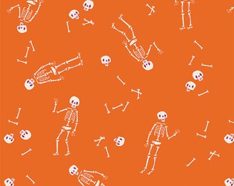 May include: A repeating pattern on an orange background featuring white skeletons in various poses, scattered individual skulls, and loose bones. The skeletons have small purple accents on their skulls, creating a consistent graphic design.