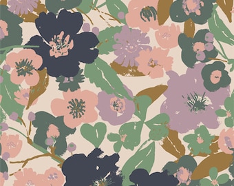 May include: A floral pattern featuring stylized flowers in shades of navy, pink, green, and lavender on a cream background. The design includes various flower shapes and leaf forms, creating a repeating botanical motif.
